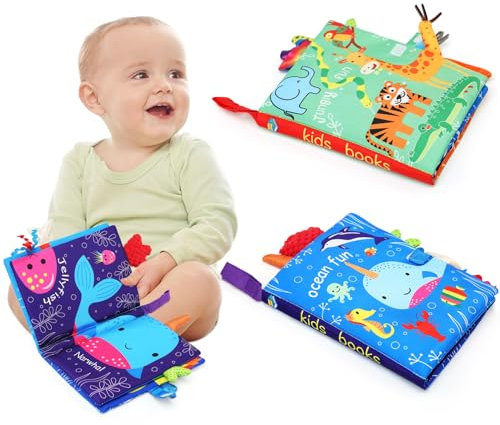 LEADSTAR Baby Stoffbuch, 2 Stück Baby Soft Bilderbuch Badebuch Tuchbuch Kuschelbuch Babybuch Spielbuch Pädagogisches Spielzeug Entdeckungsbuch aus Stoff mit Raschelpapier für Baby Kleinkinder