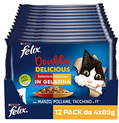 Felix Purina Le Ghiottonerie Doubly Delicious Cibo Umido per Gatti con Manzo e Pollame, Tacchino e Fegato, 48 Buste da 85 g