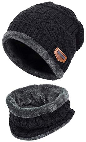XYIYI Black Kids Winter Knit Hat and Scarf Set, 2Pcs Warm Fleece Lining Beanie Cap and Scarf for 5-14 Year Old Boys Girls