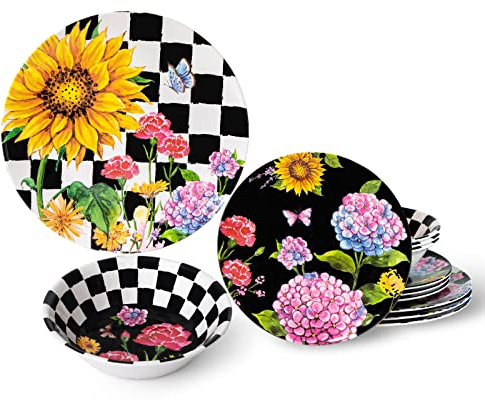 LEHAHA Sunflower 12-Piece Melamine Dinnerware Set Include Plates/Dishes and Bowls, Service for 4, BPA Free and Unbreakable Black Plaid Floral Dish Set for Indoor and Outdoor Use…