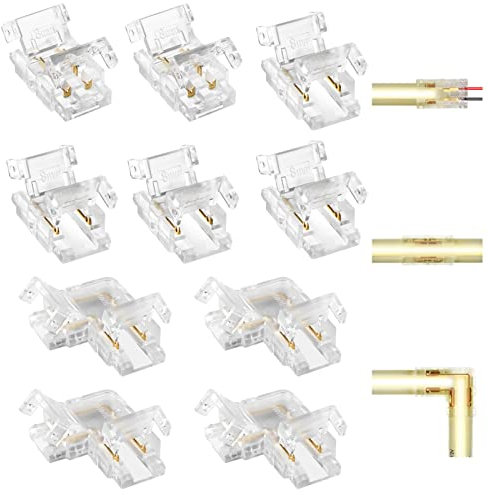 Aroidful 10pcs 2 Pin 8mm COB LED Strip Light Connectors Gapless Solderless Connectors Strip to Wire Connector×2, Strip to Strip Connector×4, L Shape Connector×4 for COB LED Strip Light 36V 5A