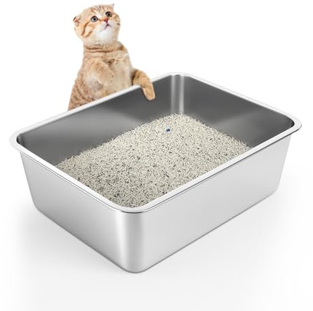 WENBOKMIN Katzentoilette aus Edelstahl – Katzentoilette für große Katzen – leicht zu reinigen, nimmt nie Geruch, Flecken oder Rost auf – Silber (45 cm L x 34,3 cm B x 15,2 cm H)