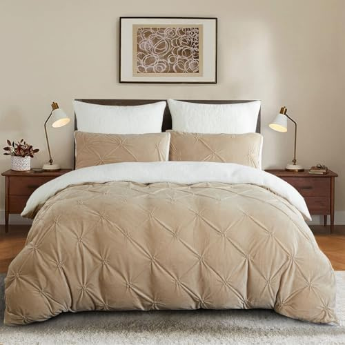 Winter Bettwäsche 135x200cm 4Teilig Flanell Fleece Khaki Weiß Wendebettwäsche Set Flauschig Plüsch Sherpa Cashmere Touch Pintuck Bettbezug und Kissenbezug mit Reißverschluss,Oeko-Tex Zertifiziert