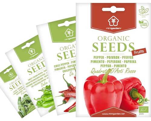 Graines certifiées biologiques Minigarden, 190+ Graines, Sélection POIVRONS: Poivron Quadrato D'Asti Rosso, Piment De Cayenne, Poivron Doux Italien et Poivron de Padrón