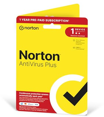 Norton AntiVirus Plus 2024 | 1 Device | 1 Year Subscription with Automatic Renewal | 2 GB Cloud Backup | PC/Mac | Password Manager | Activation Code by Post [license]