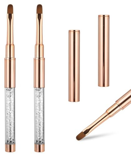 Lot de 2 pinceaux à gel pour ongles avec couvercle - Plat - Pour ongles en gel - Ovale - Acrylique - Accessoire de design - Brosse à ongles UV - Poignée en strass - Pour outils de nail art