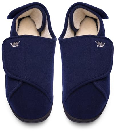 Happy Touch Mens Diabetic Slippers Memory Foam With Adjustable Soft Non-Slip Orthopedic House Shoes for Elderly Swollen Feet, Arthritis, Edema, (Navy Blue/White, 12)