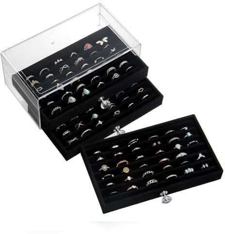 SPAKOWN Ring Box Display Holder, Clear Velvet Jewelry Storage Tray Organizer for Ring Stud Earring (Black - 3 Drawers)