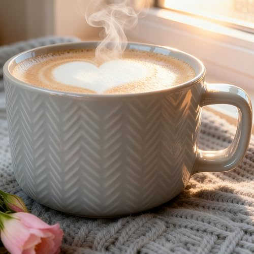 Disoza stora soppskålar med handtag Stor kopp Grå keramik 700 ml Kaffekopp Jumbokoppar XXL Porslin Kaffekopp Kaffe Tekopp Müsli Soppa Kaffemugg Skål Skål Soppskaff med handtag