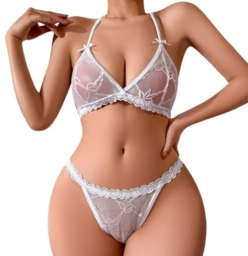 NLAND Ensemble de Lingerie Sexy pour 2 pièces Femme Soutien-Gorge sous-vêtements en String en Dentelle Transparente Babydoll Bretelles Réglables Lingerie Femmes de Nuit,Blanc