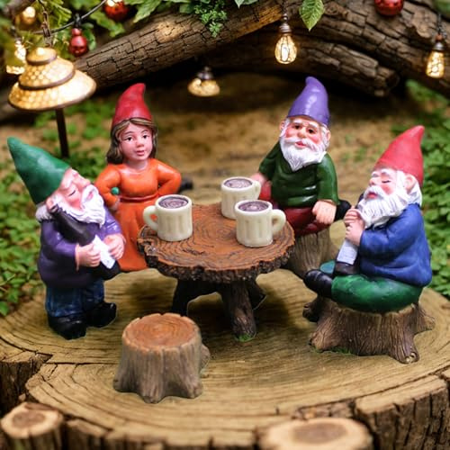 Gnomi da giardino 6 pezzi/set simpatiche figurine realistiche di gnomi in resina, statua di gnomo con sgabello e tavolo, decorazioni per da collezione per cortile, giardino, esterno, arredament