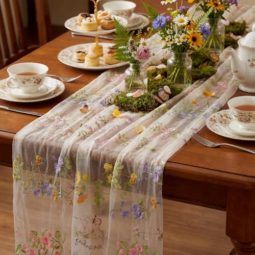 75x300CM Camino De Mesa Flores, Camino De Mesa Tul, Decoracion Cocina con Bordado, para Fiestas, Bodas, Cumpleaños, Beige