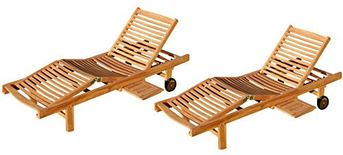 ALEOS. 2 Stück echt Teak Sonnenliege Gartenliege Strandliege Holzliege Holz vielfach verstellbar mit Tischablage sehr robust Modell 2X Cozy