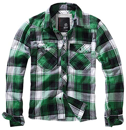 Brandit Camisa a Cuadros Hombre Camisa de Franela Verde-Negro L 100% algodón Regular