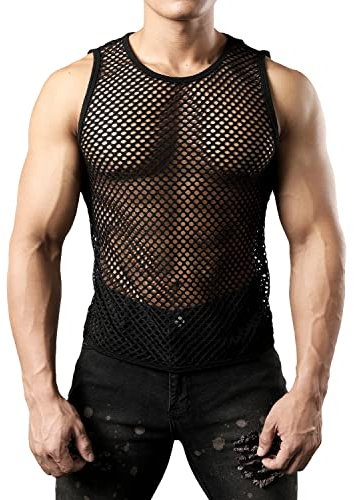 JOGAL Herren Muskel Transparent Shirts ärmellos Netz Unterhemd Small Schwarz