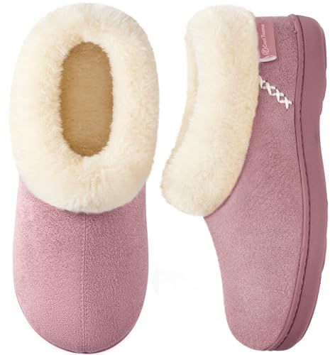 EverFoams Women's Microsuede Fuzzy Plush Lined Slippers with Cosy Memory Foam Pink, Size 5-6 UK