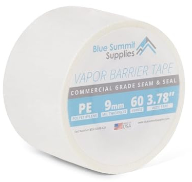 Blue Summit Supplies Vapor Barrier Tape, 3.78 Wide x 180' Long Roll, Made in USA, PE 9mm Polyethylene Tape, Moisture Barrier Seam for Crawl Space or Marine Use, Waterproof White