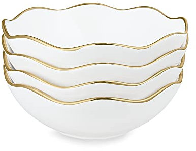 fanquare Weiß Keramik Pasta Salatschüssel Set für 4 Personen, Servierschale Groß, Wellenförmig Müslischalen Porzellan für Küche
