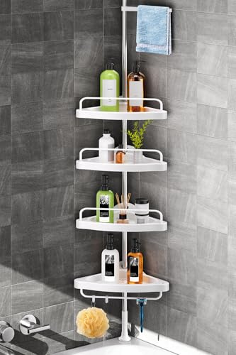 HAMITOR Corner Shower Caddy Tension Pole: Adjustable Stainless Steel Shower Organizer with 4 Tier Shelf for Bathroom Bathtub Tub Shampoo - Floor Standing Rack Bath Storage Holder with Rust Proof Rods