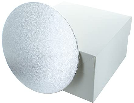 Culpitt 10 Round Silver Cake Card & White Box Combo, 3mm Turned Edge Board and For Sponge Cakes, Muffins, Cupcakes