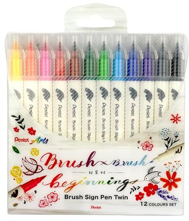Pentel Brush Sign Pen Twin SESW30C fiberpenna, 2 borstliknande spetsar, blandade (12 stycken – färgsorterade)