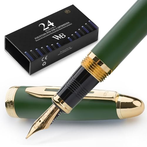 Wordsworth & Black Majesti reservoarpenna (Grön) – Lyxigt fodral, 24K guldfinish, 18K förgylld mediumspets, bläckpatroner och konverterare ingår – Kalligrafipenna | Grön, present till män kvinnor, guldfinish, 18K tysk iridium, kalligrafi, omvandlare + 24 bläckpatroner, påfyllningsbar