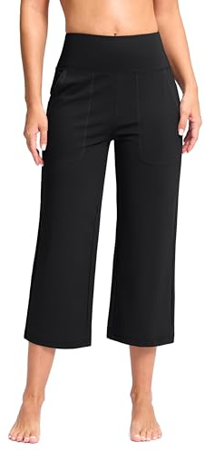 G Gradual Women's Capri Pants with Pockets High Waist Yoga Pants Wide Leg Workout Crop Summer Pants for Casual, Travel, Exercise(Black, L)