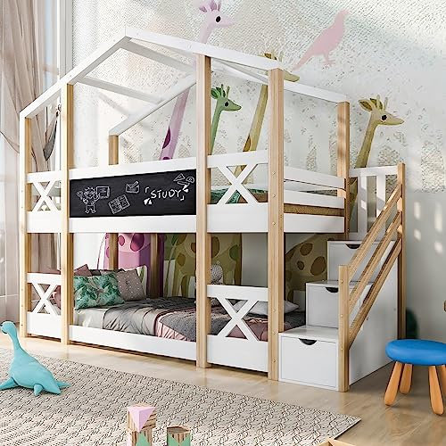 Oyemige Kinderbett Hausbett 90x200 mit Schublade und Rausfallschutz，Hochbett Kinder und 2 Lattenrost, Massivholz Kinderbett, Jugendbett (Ohne Matratze)