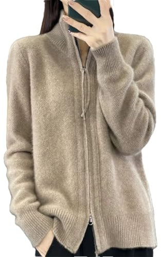 Alloaone Cardigan en Laine À Col Montant pour Femme, Fermeture Éclair, Ample, Manches Longues, Tricot en Cachemire, Pull À Bascule