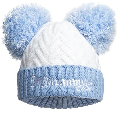 Royal Icon Knitted Pom Pom Hat - Baby Boys & Girls Winter Hat - Single Pom Pom - Warm Double Bubble - 0-12 Months - Acrylic, Blue I Love Mummy - Ri682