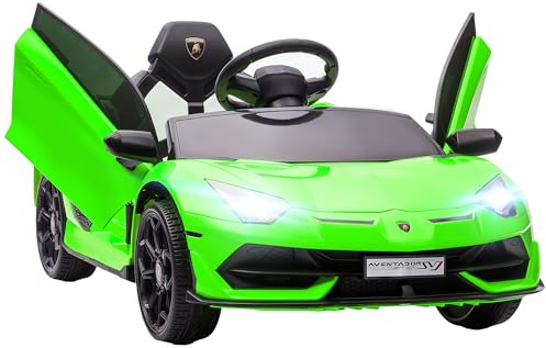 HOMCOM Voiture Électrique pour Enfants 12V, Portes Papillon, USB, Vert | Licence Lamborghini Aventador SVJ, Télécommande LED, Musique, Vitesse 3-5 Km/H
