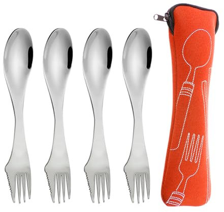 Set de Couverts Portables 4 Pièces - Cuillères en Acier Inoxydable Dentelées - Sac de Rangement Inclus - Pour Camping et Voyage