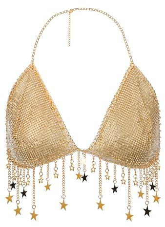 Faxianther Reggiseno da donna con strass glitterati con nappe e stelle, sexy top crop top canottiera, canottiera da spiaggia, bikini, top, costume da festa, canottiera da notte, Stelle/Oro, Taglia