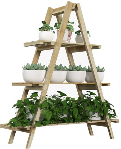 Outsunny Étagère Pyramidal Pliante en Bois de Sapin Clair - Porte-Plantes 3 Étagères - Dimensions 100L x 36l x 112H cm