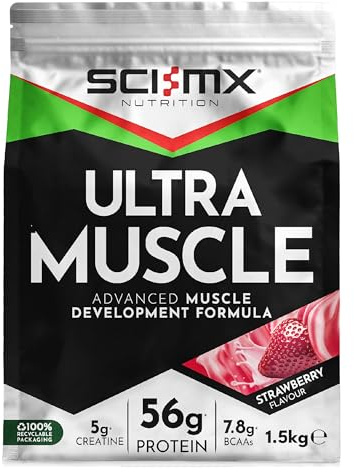SCI-MX Ultra Muscle - Protein Powder for Muscle Development + 23 Vitamins & Minerals - Strawberry • 5g Creatine + 7.8g BCAAs per Serving • 1.5kg