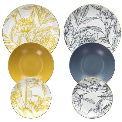 Tognana Marigold, servicio de platos de 18 piezas para 6 personas, porcelana, amarillo, azul.
