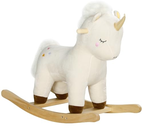 AIYAPLAY Rocking Horse, Kids Ride On Horse with Unicorn Design, Sounds, Plush Ride On Toy for Ages 2-4 Years, White