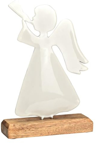 Statuetta decorativa a forma di angelo con flauto, in metallo su base in legno di mango, decorazione per avvento e Natale, decorazione natalizia, colori: bianco e marrone