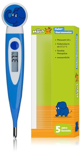 DieMouse - Termometro digitale per la febbre per bambini, tempo di misurazione breve circa 10 secondi, punta flessibile, allarme febbrile a partire da 37,5 °C, impermeabile, indicatore di memoria