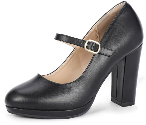 IDIFU Black Heels Closed Toe Mary Jane Shoes Platform High Chunky Block Heels Pumps Comfortable Dress Shoes for Women Business Work Office Formal Dressy Classic Round Toe Pumps Shoes(Black Pu, 8)