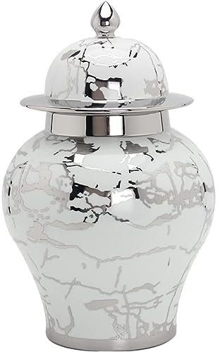 Keramisk silver ingefärsburk med lock kinesisk tempel burk för heminredning traditionell porslinsburk dekorativ vas (24,5 x 38 cm)