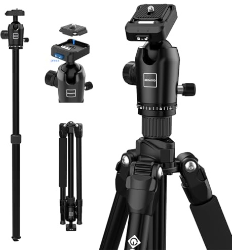 GEEKOTO 73-tums kamerastativ, DSLR kamerastativ i aluminium med monostativ och 360° panoramabilhuvud, 1/4 snabbkopplingsplatta och stativficka för spegelreflexkamera upp till 8 kg svart