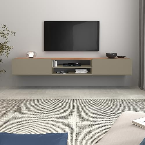 WHOUS Mobile Porta TV Sospeso GARDA per Soggiorno con 2 Ante a Ribalta e 1 Ripiano Centrale, Mobile Tv a Parete per Salotto, 210x35x30 cm, Tortora Opaco e Rovere