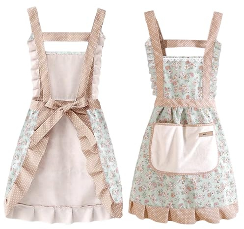 ESYFOR Delantales de Cocina Mujer, Delantal de Cocina Ajustables Estampado Floral Delantales Bolsillo Grande para Hornear, Jardinería, Restaurante y Barbacoa