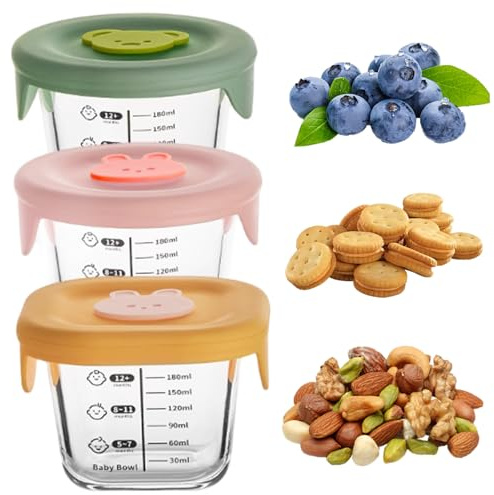 3pcs Conteneurs d'aliments pour bébés 230 ml Round et carré Pocs d'aliments pour bébé en verre non toxique avec couvercle et échelle en silicone -20-400 ℃ Résistants de stockage micro-ondes pour le l