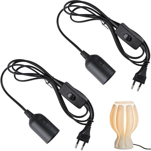 2er Pack E27 Lampenfassung mit Kabel, Schalter & EU-Stecker, 1.8m Schwarz - inkl. Schraubring für Pendelleuchten, Deckenleuchten & DIY Lampenprojekte