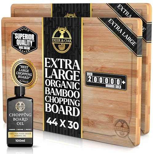 Deer & Oak Bamboo Cutting Board & Mineral Oil Bundle, 2X X-Large Wooden Chopping Board 44x30x2cm + 100ml Food Grade Mineral Oil Set