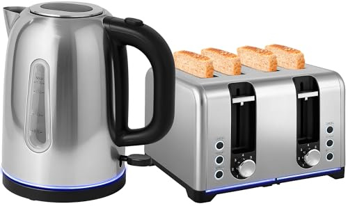 HOMCOM Kettle and Toaster Set, 1.7L 3000W Rapid Boil Jug Kettle with Otter Thermostat, Limescale Filter, 4 Slice Toaster with 7 Browning Controls, Crumb Tray, LED Strip, Silver Tone