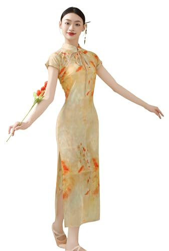 ROYAL SMEELA Women's Modern Cheongsam Dress,Long Qipao with Short Sleeve,Mandarin Collar and Side Slit,Orange