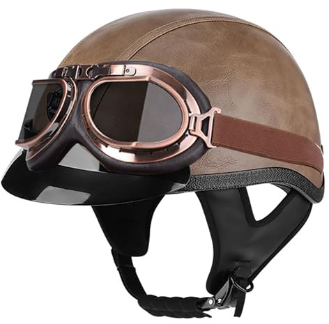Casco Retrò In Pelle, Casco A Mezza Calotta Certificato ECE, Casco Chopper, Casco Da Motociclista Per Uomo E Donna, Casco Jet, Casco Retrò Per Scooter Con Occhiali F,M=56-57CM